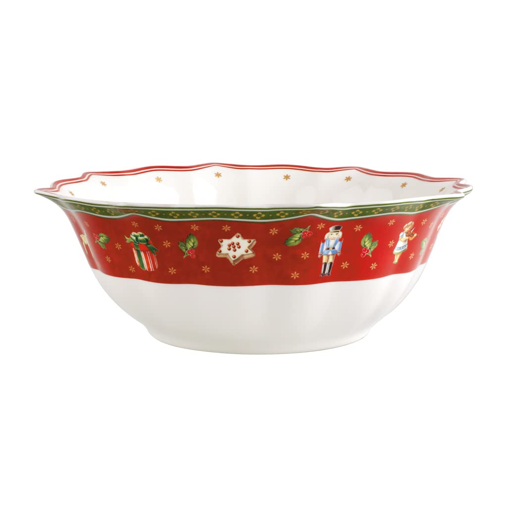 Villeroy & Boch Toy's Delight Christmas Collection Salad Serving Bowl, Premium Porcelain, Large 94 oz Capacity, 12.75 x 4.5 in, White/Red/Colorful
