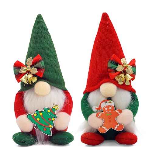 Set of 2 Christmas Gnomes Plush Decorations - Handmade Nordic Tomte Gnome Figures with Gingerbread & Tree Ornaments - Swedish Red Green Gnomes for Home, Office, and Holiday D?cor