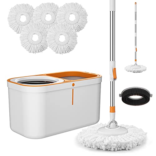 Spin Mop Set with 61-Inch Handle, 5 Refill Heads & Bucket System - Large Floor Cleaning Tool