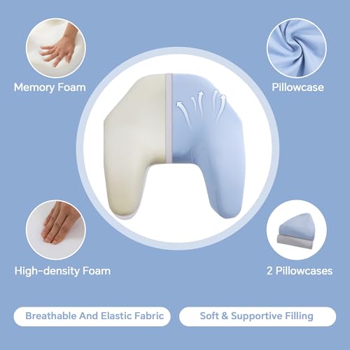 Back Sleeping Training Pillow with Memory Foam & Adjustable Height - Neck & Shoulder Support, 2 Washable Covers, Blue