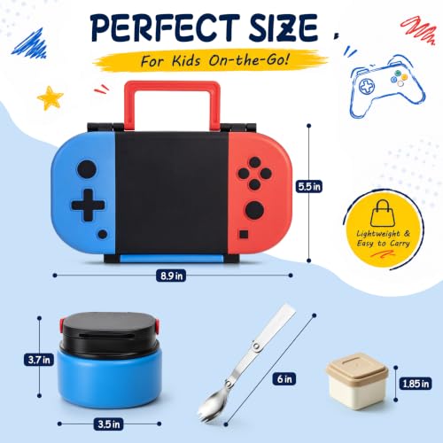 Kids Lunch Box with Thermo Container & Game Design - Blue-Red