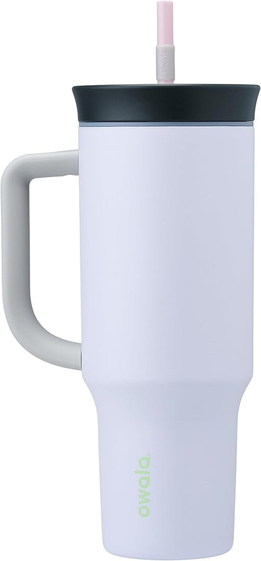 Owala Stainless Steel Triple Layer Insulated Travel Tumbler with Spill Resistant Lid, Straw, and Carry Handle, BPA Free, 40 oz, Purple (Bunny Hop)