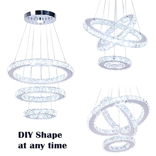 Diisunbihuo 3-Ring LED Crystal Chandelier for Dining Room Silver, Cool White Variation