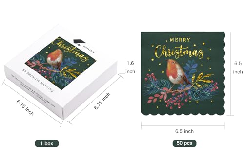 Christmas Paper Napkins 50-Pack, 3-Ply Holiday Bird & Merry Christmas Design