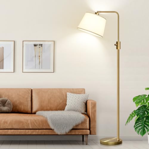 Dimmable Brass Floor Lamp with Linen Shade - Modern Arc Standing Lamp for Living Room & Bedroom