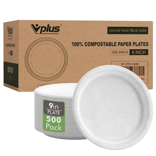 9-Inch Compostable Sugarcane Fiber Paper Plates - 500 Pack, White