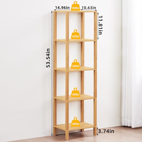 Natural 5-Tier Tall Narrow Bookshelf - Wooden Slim Bookcase for Home & Office