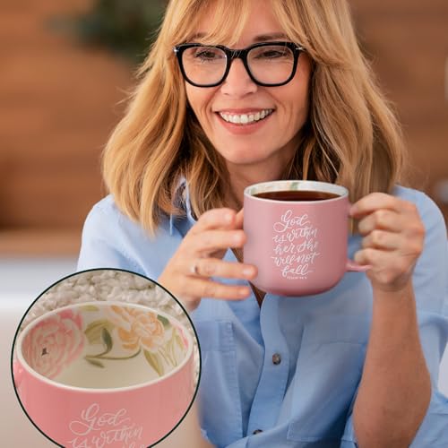 God is Within Her Pink Floral Psalm 46:5 Ceramic Mug Pack of 2 - 14 oz, Microwave & Dishwasher Safe, Encouraging Gift for Women