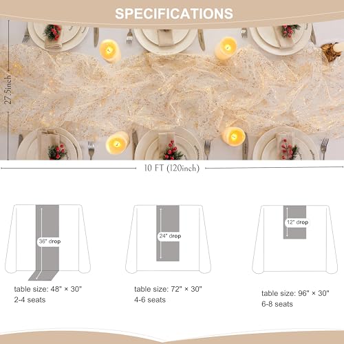Snowkingdom 10 Ft Gold Table Runner, Sheer Gauze Chiffon Tulle Cheesecloth Sequin Glitter Metallic Foil, Table Decorations for Home Wedding Anniversary Party Birthday Holiday Christmas Thanksgiving