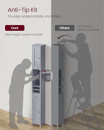 VASAGLE Tall Bathroom Cabinet - Slim Freestanding Storage with Drawer & Open Shelves, Dove Gray, 7.7D x 8.4W x 70.9H, No Lights