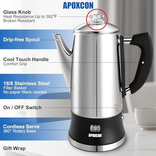 Electric Coffee Percolator 12-Cup Stainless Steel Coffee Maker with Glass Knob & Keep Warm