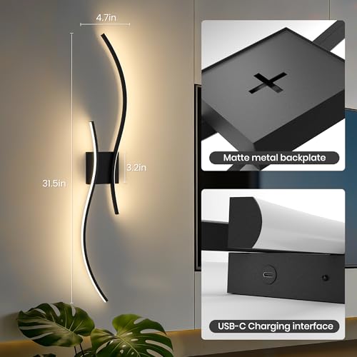 Battery Operated Wall Sconces Set of 2 - 31.5 Inch Black, Cordless, Dimmable, Remote Control