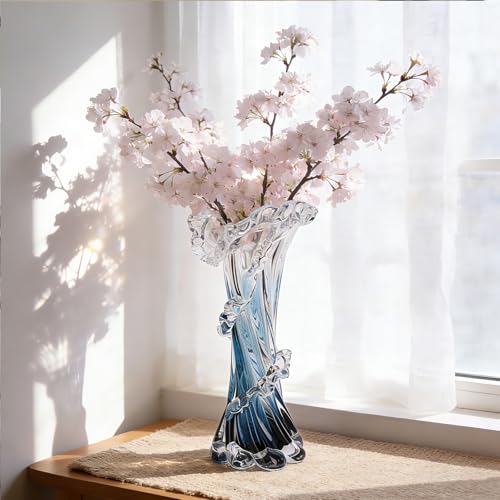 Oiruim Large Hand Blown Blue Glass Vase Ocean Wave Design - Coastal Home Decor