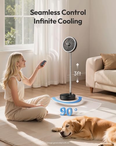 Gaiatop Portable Pedestal Fan with 16000mAh Battery, LED Light & Remote - Black