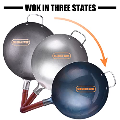 13.4-Inch Carbon Steel Traditional Hand Hammered Wok - Round Bottom Cooking Pan