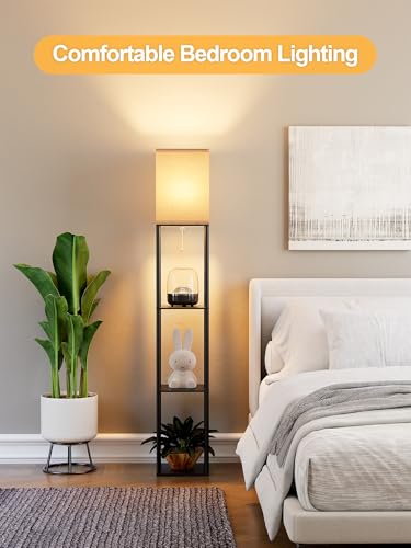 Black Floor Lamp with Shelves for Living Room and Bedroom, 3 CCT LED Bulb, Corner Organizer Tower