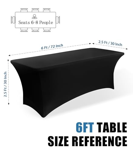 Stretch Fitted Black Tablecloth for 6ft Rectangular Tables - 6 Pack, 30x72 Inches, Spandex Washable Event Cover - Variation of 6