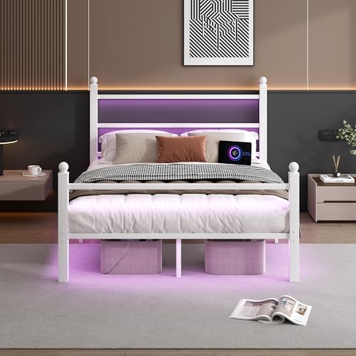 Full Size Bed Frame with Headboard Footboard Steel Slats USB Charging White