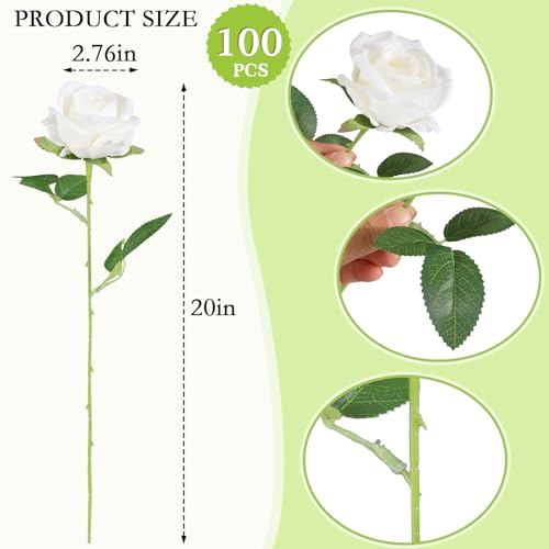 Artificial Roses Bulk 100 White Silk Flowers for DIY Decor - Long Stem