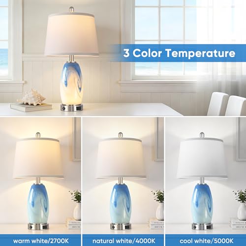 Hamucd Coastal Glass Table Lamp Set of 2 - Pattern 2, 7 Lighting Modes, USB Ports, Nautical Nightstand Lamps for Bedroom & Living Room