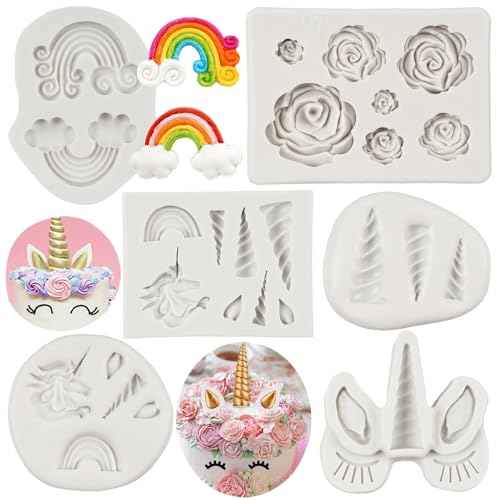 Unicorn Silicone Molds Unicorn Horn Ears Eyelash Rainbow Rose Flower Fondant Mold For Cake Decoration Cupcake Topper Sugar Craft Chocolate Candy Gum Paste Polymer Clay Set of 6