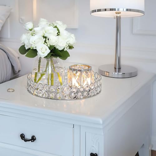 2 Pcs Silver 10" Round Metal Mirror Crystal Tray – Vanity for Makeup,