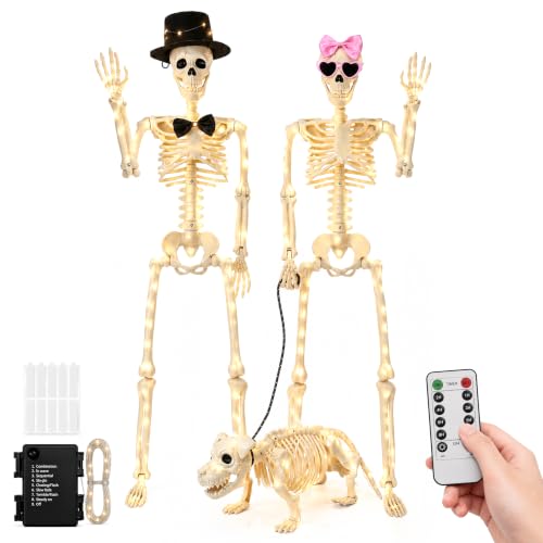 Gleemoria 3PC Halloween Skeleton Decorations Set - Life-Size Skeletons & Dog, Adjustable, Waterproof Lights