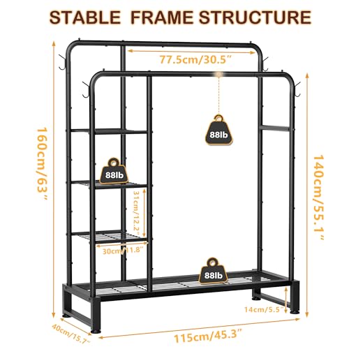 Black Double Rod Clothes Rack with Storage Shelves and Hooks - Heavy Duty Garment Organizer