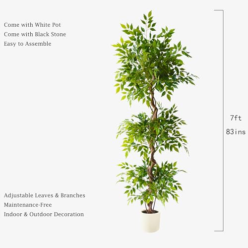 7ft Artificial Ficus Tree with White Planter - Indoor Decor, Realistic Fake Plant