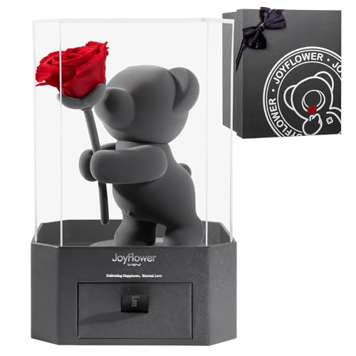 JoyFlower Rose in Hand Teddy Bear with Acrylic Cover & Gift Box - Romantic Preserved Flower Gift for Her