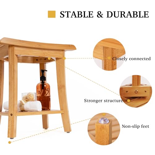 Small Natural Bamboo Shower Bench with Storage Shelf - 16x10x17 Inch