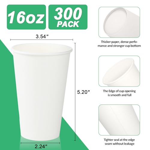 16oz Paper Cups Pack of 300 Disposable Cold & Hot Drink Cups - White, Leakproof
