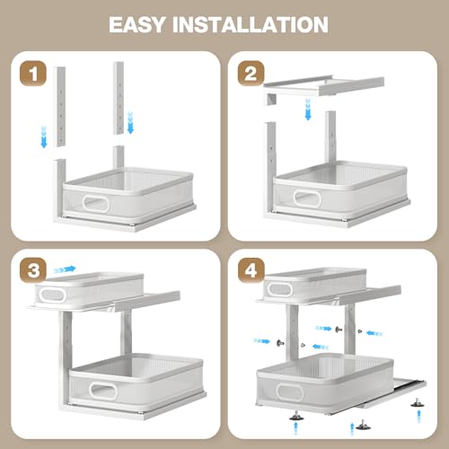 Corbyles White 2-Pack Under Sink Organizer with Adjustable Height, Mesh Drawers & Ball-Bearing Slides - 15.5"D x 12.4"-16.5"H