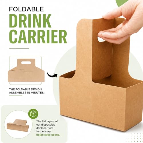 Kaderron 100 Pack Drink Carrier with Handles, 2/4 Cup Foldable Cardboard Holder