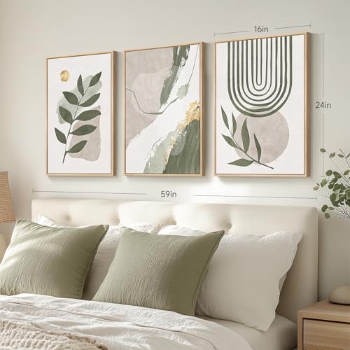 24x16 Inch 3-Piece Sage Green Abstract Boho Wall Art Set for Living Room