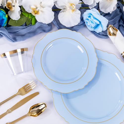 Light Blue 350PCS Disposable Plastic Plates Set for Wedding & Party