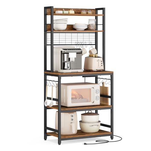VASAGLE Rustic Brown 23.6W Bakers Rack with Power Outlet, Adjustable Shelf