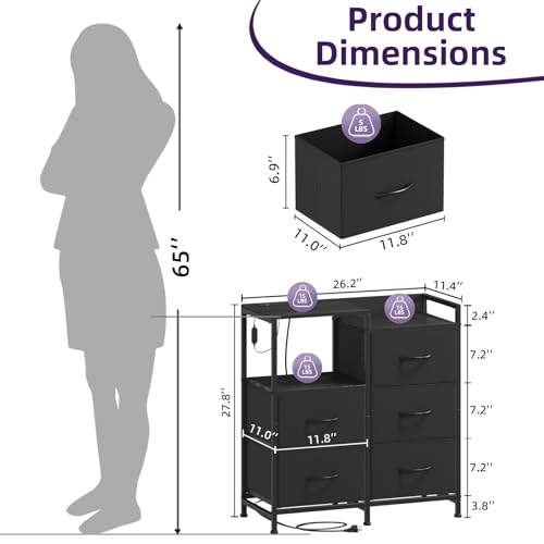 Somdot Black Wide Bedroom Nightstand with 5 Drawers, Charging Station & LED Light - 11.4"D x 26.2"W x 27.8"H