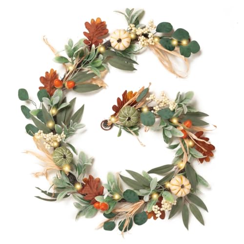 Valery Madelyn 6ft Fall Garland with Pumpkins & LED Lights, White/Green