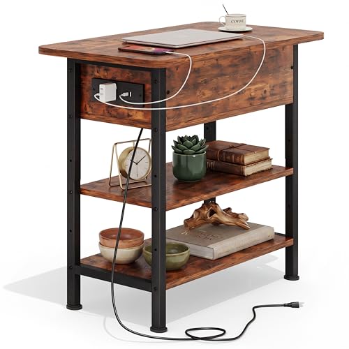 GRUSIGN Rustic Brown End Table with Charging Station, Flip Top Drawer & Storage