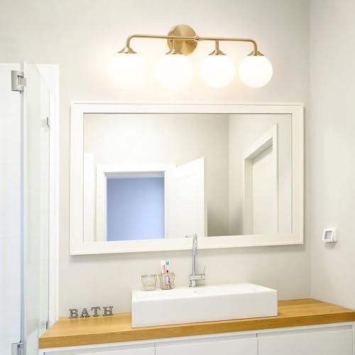 Gold 4-Light Bathroom Vanity Light Fixture with Milky White Glass Shades - Reversible Mounting
