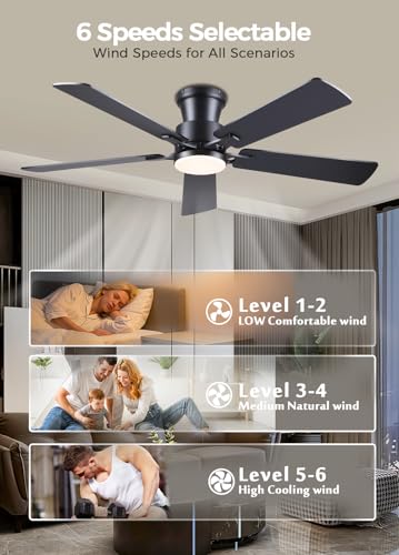 JSAITEE 52in Black Flush Mount Ceiling Fan with Remote & Dimmable LED Light