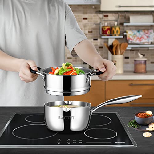 SLOTTET 1.5 Quart Tri-Ply Stainless Steel Saucepan with Steamer, Glass Lid & Pour Spout
