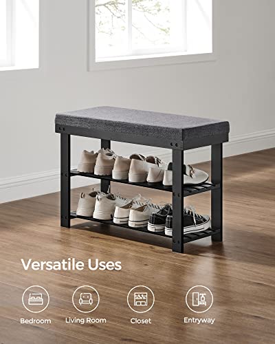 SONGMICS Bamboo Shoe Bench 3-Tier Shoe Rack with Padding - Ink Black + Slate Gray, 28.3W