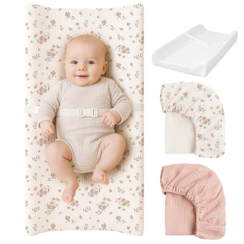 Konssy Baby Changing Pad Set with Waterproof Lining & 2 Muslin Covers - Rectangle Blossom Pink