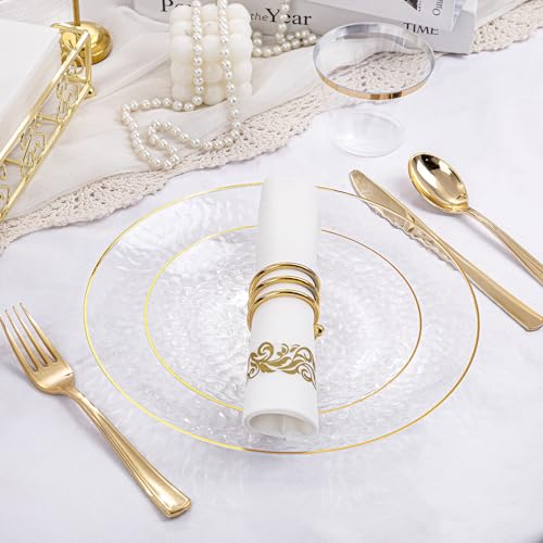 Clear Gold Plastic Dinnerware Set for 25 Guests - Hammered Plates & Cutlery