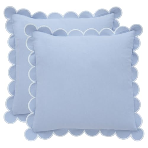 Scalloped Pillow Cover Set of 2 - 18x18 Cotton, Sky Blue & White - Elegant Home Decor