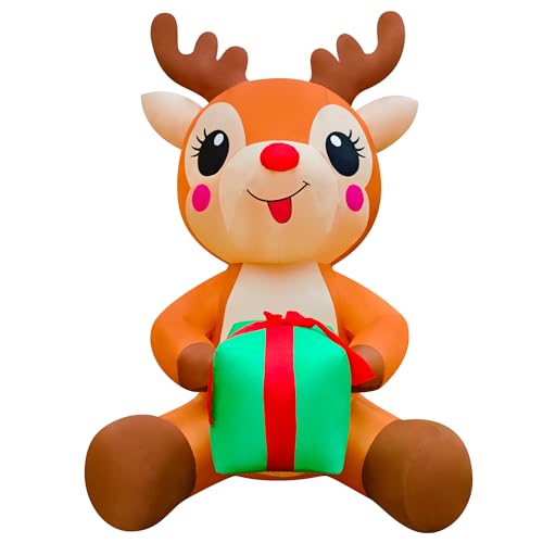Christmas Reindeer 12ft Sitting Inflatable with Gift Box - EEkiiqi Outdoor LED Yard Decor