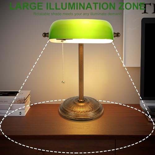 Small Retro Gold Green Glass Bankers Desk Lamp with Pull Chain Switch