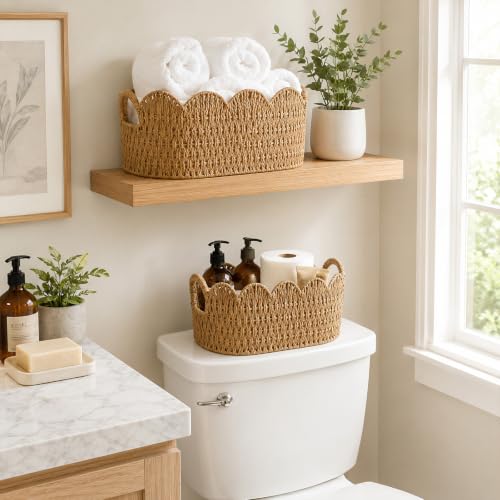 Neutral Endymion Set of 2 Paper Rope Wicker Storage Baskets - Scalloped Design